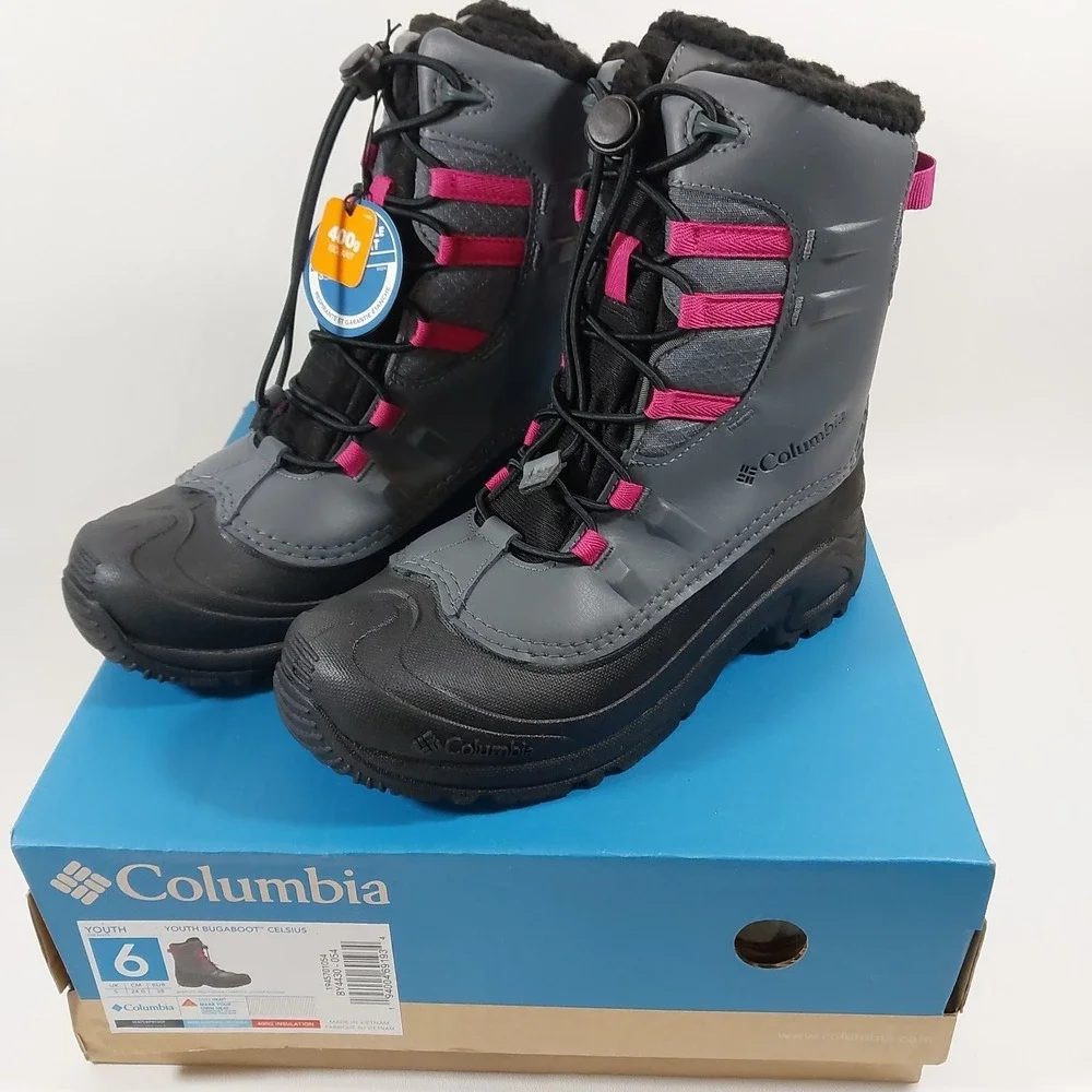 Columbia Youth Snow Boots Waterproof Winter Gray Pink Black Size 6 Bugaboot